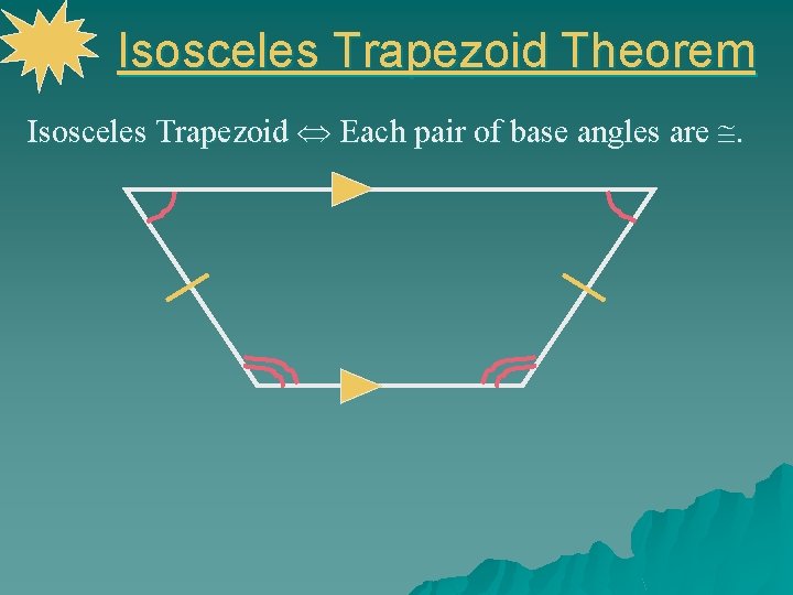 Isosceles Trapezoid Theorem Isosceles Trapezoid Each pair of base angles are . 