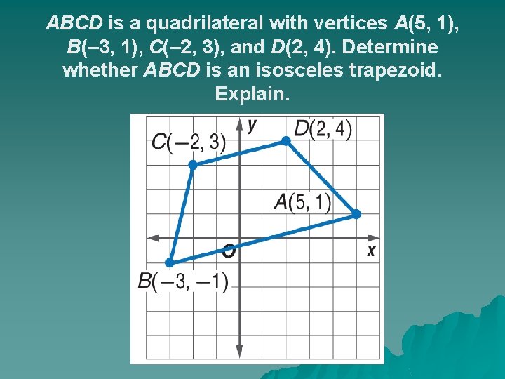 ABCD is a quadrilateral with vertices A(5, 1), B(– 3, 1), C(– 2, 3),