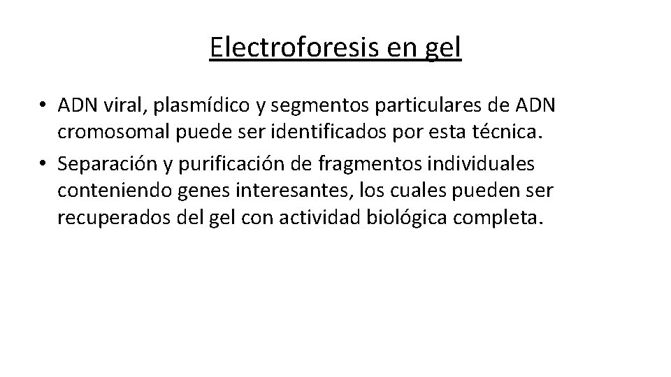 Electroforesis en gel • ADN viral, plasmídico y segmentos particulares de ADN cromosomal puede