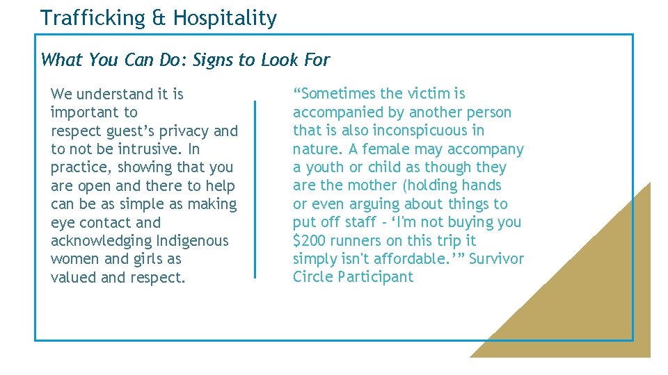 Trafficking & Hospitality What You Can Do: Signs to Look For We understand it