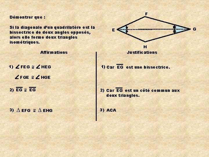 F Démontrer que : Si la diagonale d’un quadrilatère est la bissectrice de deux