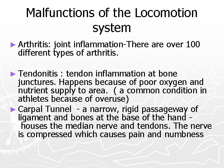 Malfunctions of the Locomotion system ► Arthritis: joint inflammation-There are over 100 different types