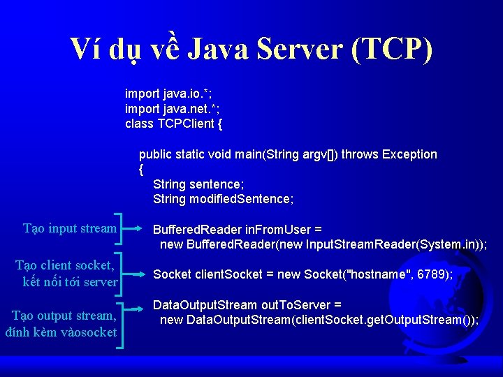 Ví dụ về Java Server (TCP) import java. io. *; import java. net. *;