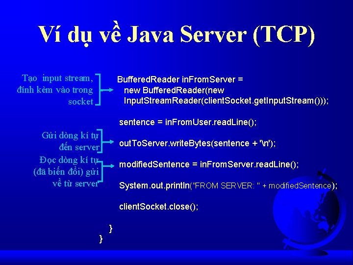 Ví dụ về Java Server (TCP) Tạo input stream, đính kèm vào trong socket