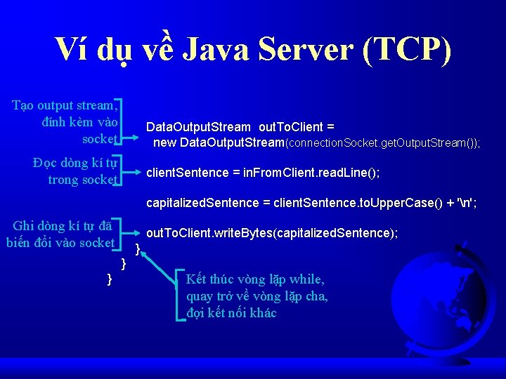 Ví dụ về Java Server (TCP) Tạo output stream, đính kèm vào socket Data.