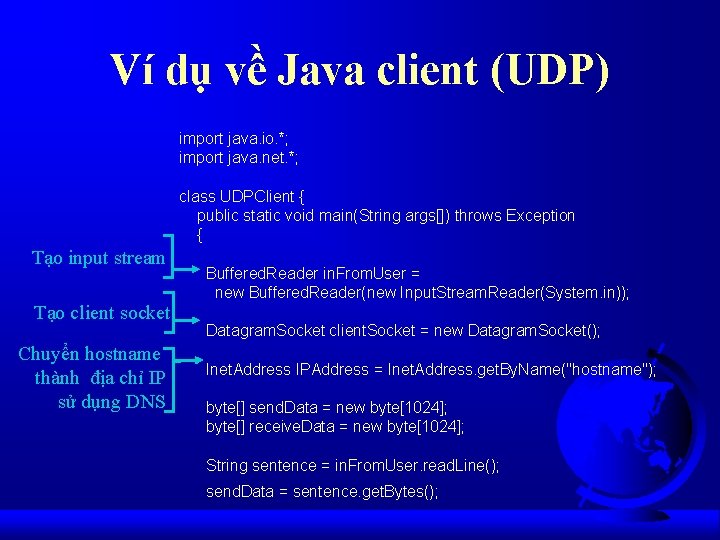 Ví dụ về Java client (UDP) import java. io. *; import java. net. *;