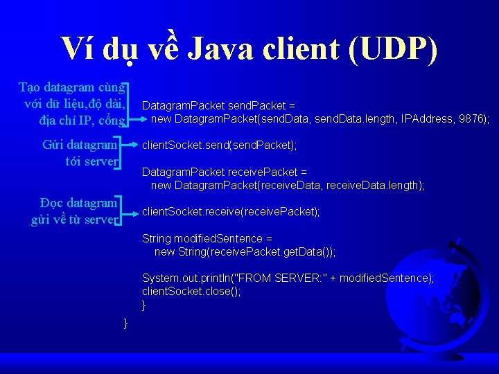 Ví dụ về Java client (UDP) Tạo datagram cùng với dữ liệu, độ dài,