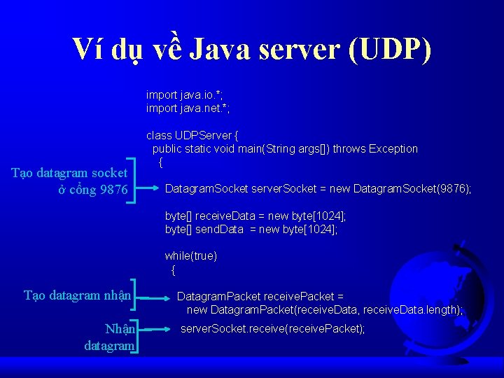 Ví dụ về Java server (UDP) import java. io. *; import java. net. *;