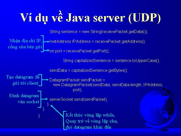 Ví dụ về Java server (UDP) String sentence = new String(receive. Packet. get. Data());
