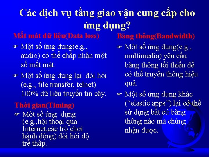 Các dịch vụ tầng giao vận cung cấp cho ứng dụng? Mất mát dữ