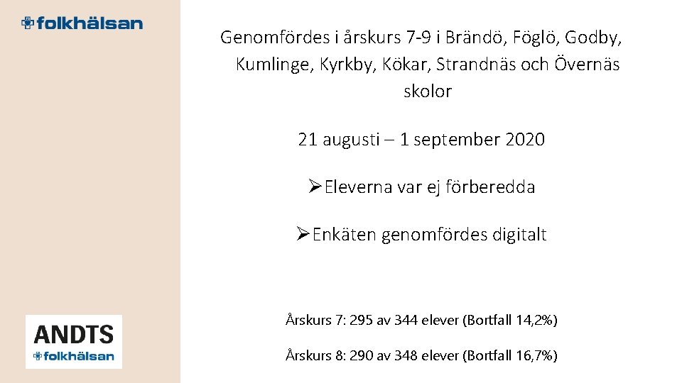 Genomfördes i årskurs 7 -9 i Brändö, Föglö, Godby, Kumlinge, Kyrkby, Kökar, Strandnäs och