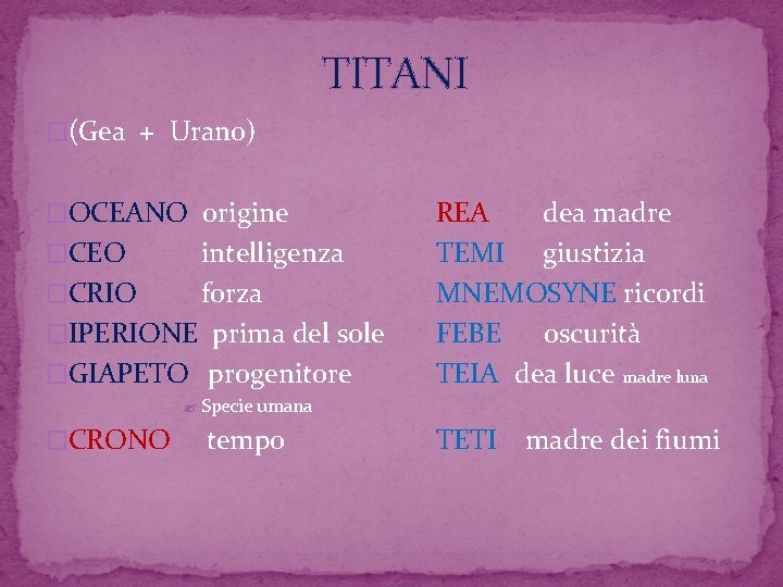 TITANI �(Gea + Urano) �OCEANO origine �CEO intelligenza �CRIO forza �IPERIONE prima del sole