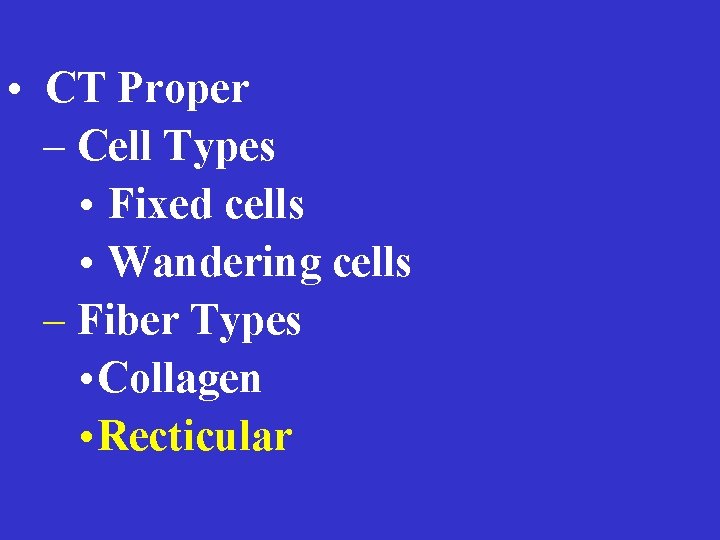  • CT Proper – Cell Types • Fixed cells • Wandering cells –