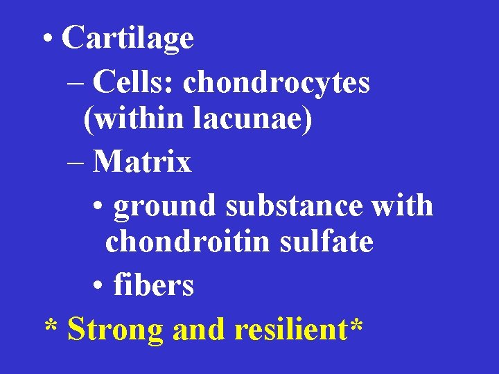  • Cartilage – Cells: chondrocytes (within lacunae) – Matrix • ground substance with