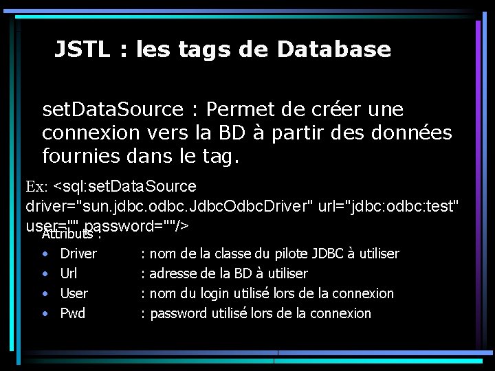 JSTL : les tags de Database set. Data. Source : Permet de créer une