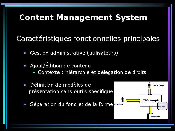 Content Management System Caractéristiques fonctionnelles principales • Gestion administrative (utilisateurs) • Ajout/Édition de contenu