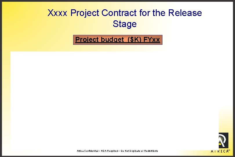 Xxxx Project Contract for the Release Stage Project budget ($K) FYxx Atrica Confidential –