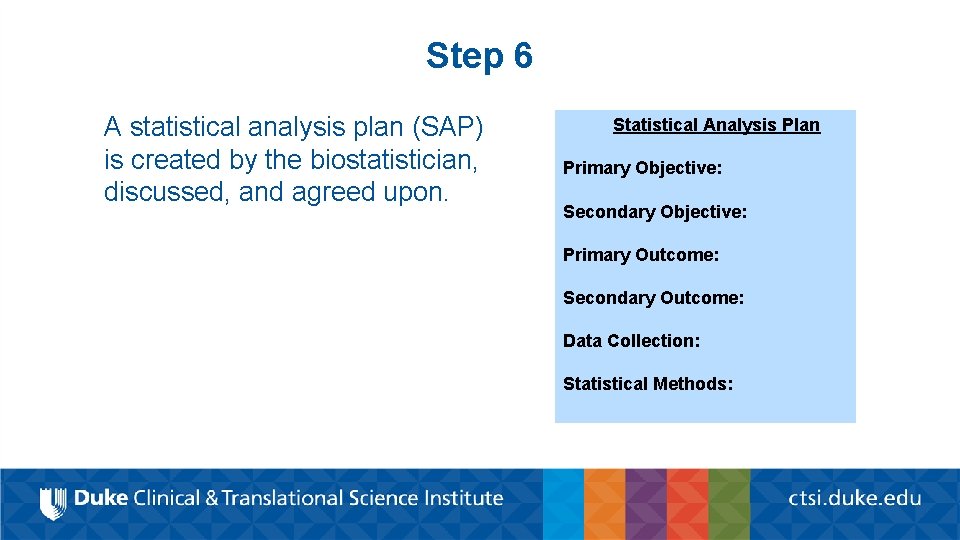 Step 6 A statistical analysis plan (SAP) is created by the biostatistician, discussed, and