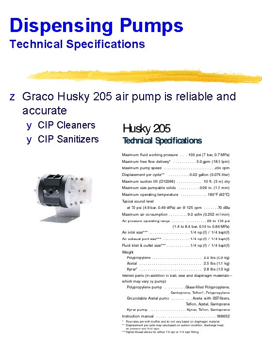 Dispensing Pumps Technical Specifications z Graco Husky 205 air pump is reliable and accurate