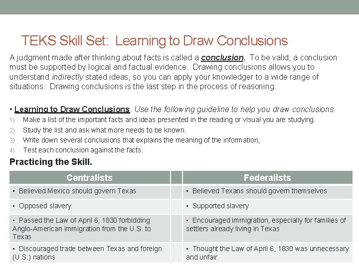 TEKS Skill Set: Learning to Draw Conclusions A judgment made after thinking about facts TEKS Skill Set: Learning to Draw Conclusions A judgment made after thinking about facts