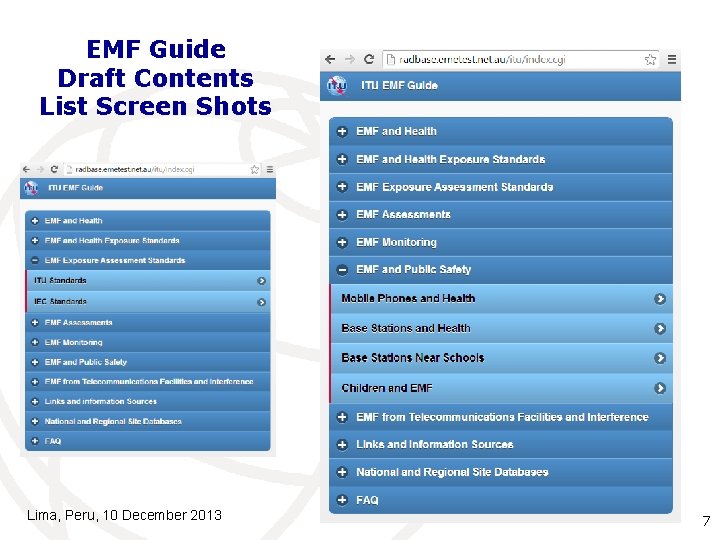 EMF Guide Draft Contents List Screen Shots Lima, Peru, 10 December 2013 7 