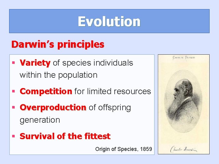 Evolution Darwin’s principles § Variety of species individuals within the population § Competition for Evolution Darwin’s principles § Variety of species individuals within the population § Competition for