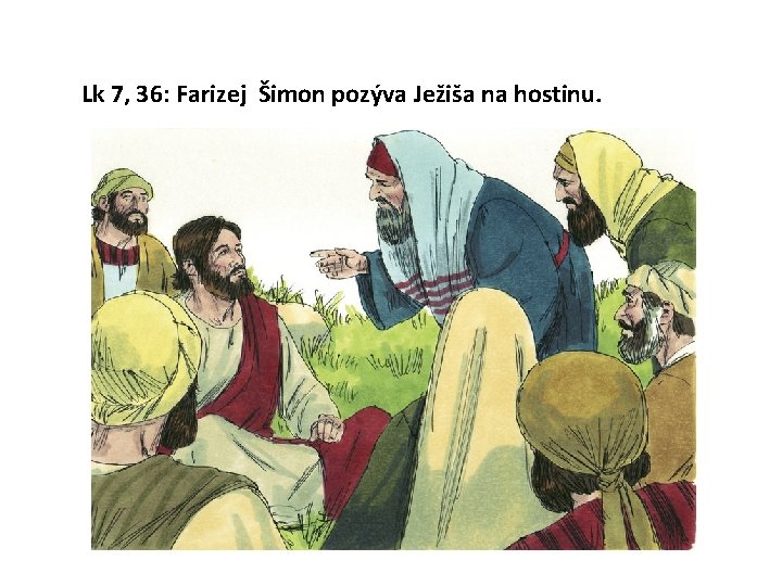 Lk 7, 36: Farizej Šimon pozýva Ježiša na hostinu. 