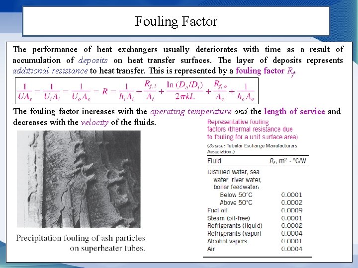 Fouling Factor The performance of heat exchangers usually deteriorates with time as a result