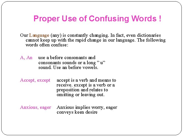 Proper Use of Confusing Words ! Our Language (any) is constantly changing. In fact,