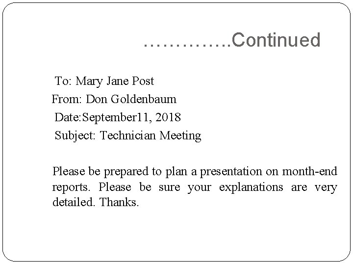 …………. . Continued To: Mary Jane Post From: Don Goldenbaum Date: September 11, 2018