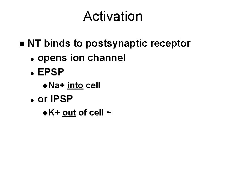 Activation n NT binds to postsynaptic receptor l opens ion channel l EPSP u.