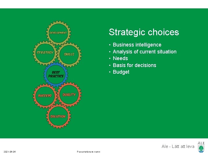 Strategic choices • • • Business intelligence Analysis of current situation Needs Basis for Strategic choices • • • Business intelligence Analysis of current situation Needs Basis for
