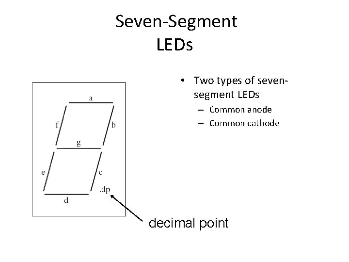 Seven-Segment LEDs • Two types of sevensegment LEDs – Common anode – Common cathode