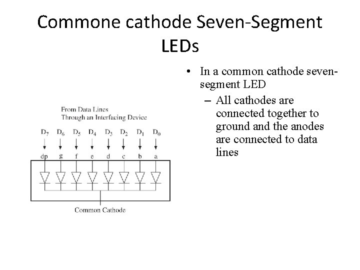 Commone cathode Seven-Segment LEDs • In a common cathode sevensegment LED – All cathodes