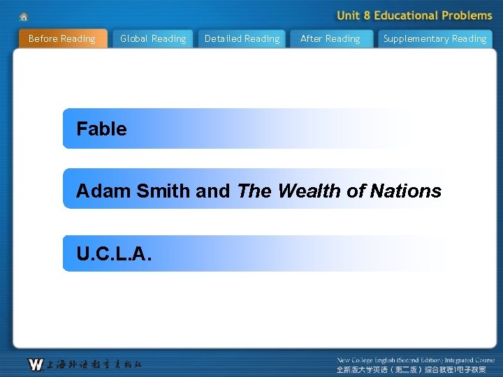 Before Reading Global Reading Detailed Reading After Reading Supplementary Reading Fable Adam Smith and