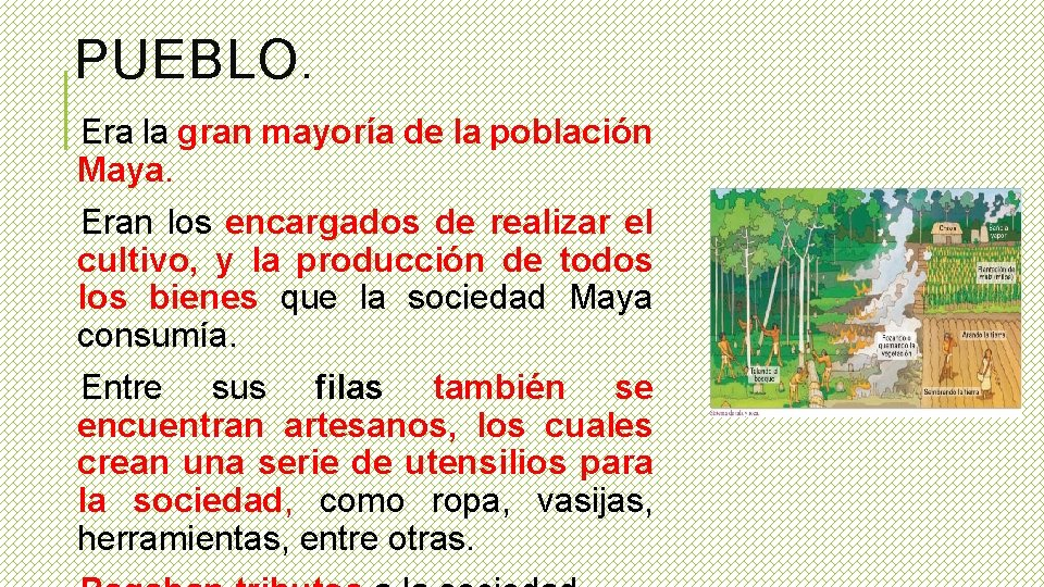 PUEBLO. Era la gran mayoría de la población Maya. Eran los encargados de realizar