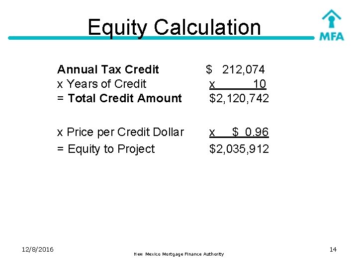 Equity Calculation 12/8/2016 Annual Tax Credit x Years of Credit = Total Credit Amount