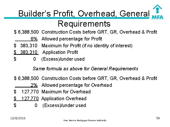 Builder’s Profit, Overhead, General Requirements $ 6, 388, 500 6% $ 383, 310 $