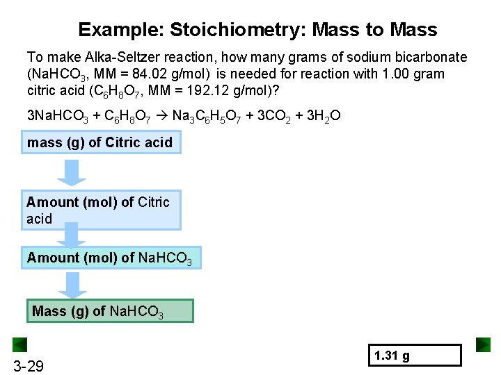 Example: Stoichiometry: Mass to Mass To make Alka-Seltzer reaction, how many grams of sodium