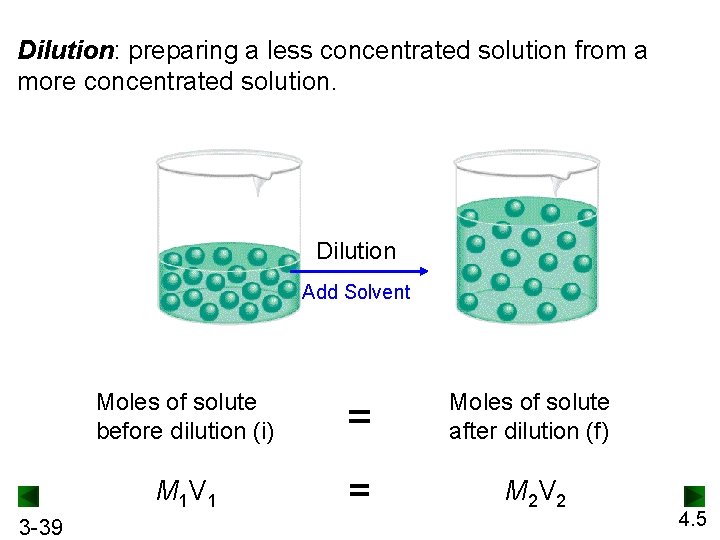 Dilution: preparing a less concentrated solution from a more concentrated solution. Dilution Add Solvent