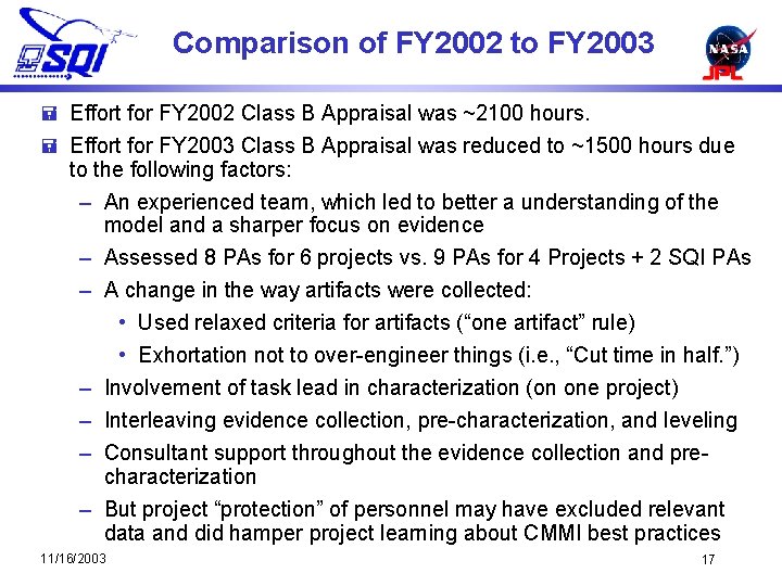 Comparison of FY 2002 to FY 2003 = Effort for FY 2002 Class B