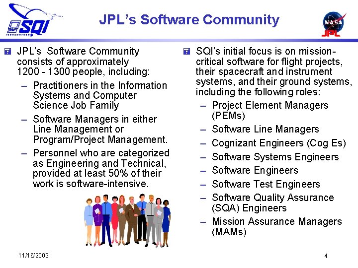 JPL’s Software Community = JPL’s Software Community consists of approximately 1200 - 1300 people,