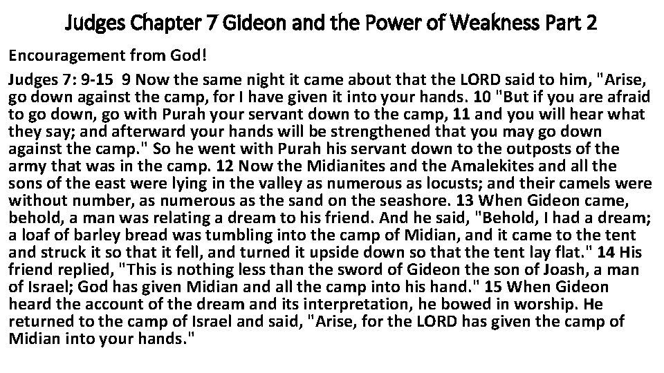Judges Chapter 7 Gideon and the Power of Weakness Part 2 Encouragement from God!