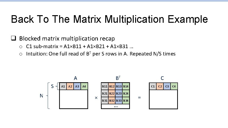 Back To The Matrix Multiplication Example q Blocked matrix multiplication recap o C 1