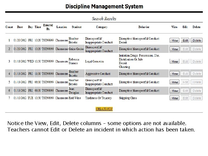 Notice the View, Edit, Delete columns – some options are not available. Teachers cannot