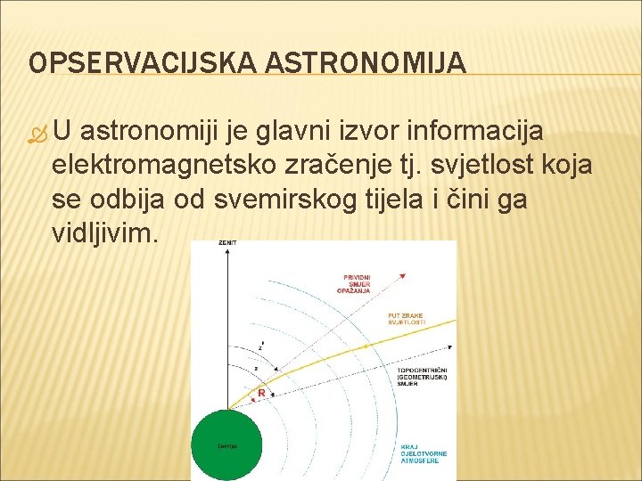 OPSERVACIJSKA ASTRONOMIJA U astronomiji je glavni izvor informacija elektromagnetsko zračenje tj. svjetlost koja se