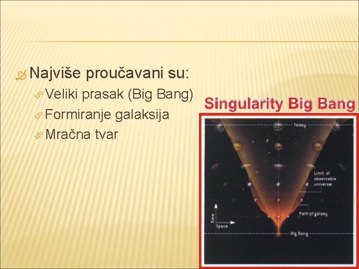  Najviše Veliki proučavani su: prasak (Big Bang) Formiranje galaksija Mračna tvar 