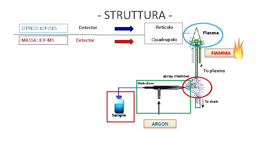 - STRUTTURA OTTICO: ICP-OES MASSA: ICP-MS Detector -Reticolo -Quadrupolo FIAMMA To plasma ARGON 