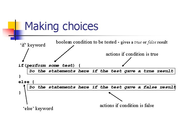 Making choices ‘if’ keyword boolean condition to be tested - gives a true or