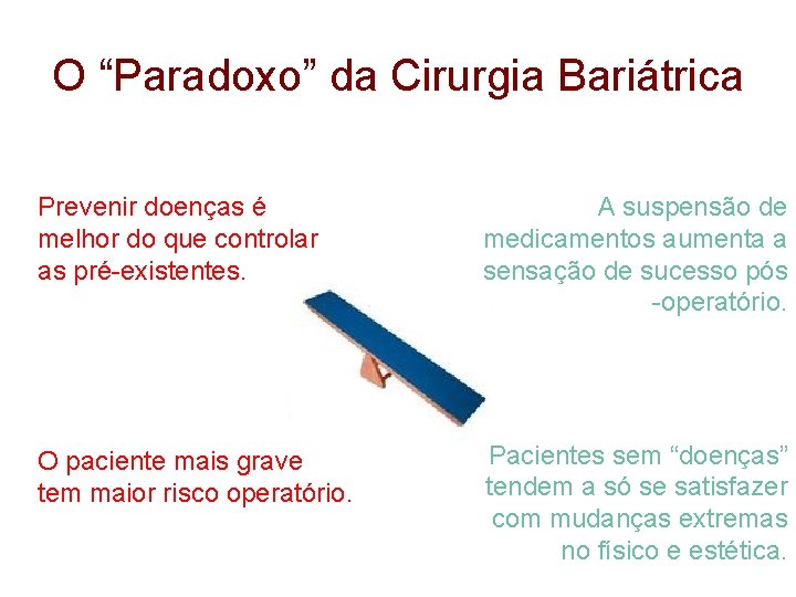 O “Paradoxo” da Cirurgia Bariátrica Prevenir doenças é melhor do que controlar as pré-existentes.